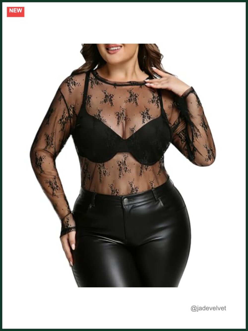 Plus Size Long Sleeve Sheer Mesh Lace Top Floral Embroidery Blouse